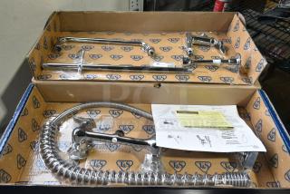 BRAND NEW SCRATCH AND DENT! T&S B-0133-ADF12-B EasyInstall Wall Mounted 37 9/16" High Pre-Rinse Faucet with Adjustable 8" Centers, 1.15 GPM Spray Valve, 44" Hose, 12" Add-On Faucet, and 6" Wall Bracket