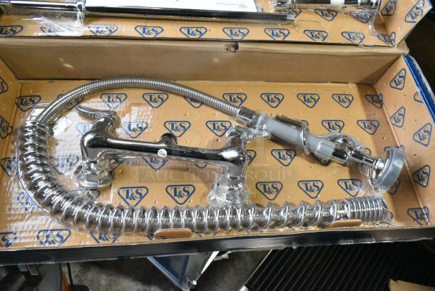 BRAND NEW SCRATCH AND DENT! T&S B-0133-ADF12-B EasyInstall Wall Mounted 37 9/16" High Pre-Rinse Faucet with Adjustable 8" Centers, 1.15 GPM Spray Valve, 44" Hose, 12" Add-On Faucet, and 6" Wall Bracket - Image 7 of 8