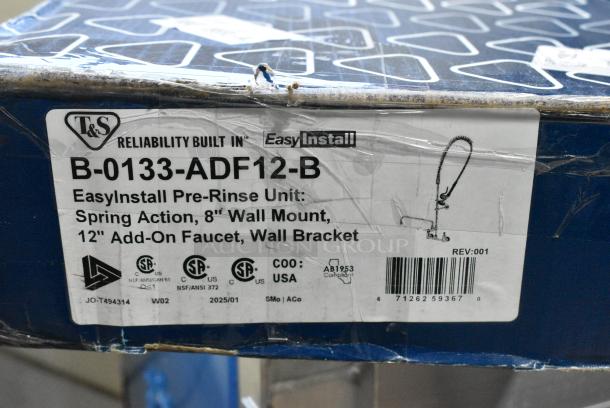 BRAND NEW SCRATCH AND DENT! T&S B-0133-ADF12-B EasyInstall Wall Mounted 37 9/16" High Pre-Rinse Faucet with Adjustable 8" Centers, 1.15 GPM Spray Valve, 44" Hose, 12" Add-On Faucet, and 6" Wall Bracket - Image 8 of 8