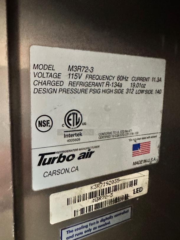 Excellent Condition Turbo Air M3R72-3 Three-Door Commercial Refrigerator – Fully Tested & Working! - Image 8 of 8