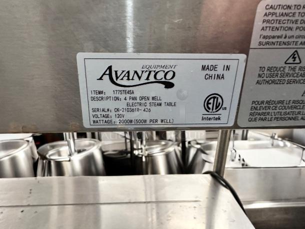 Excellent Condition Avantco 4-Pan Open Well Electric Steam Table – Tested & Working! - Image 9 of 9