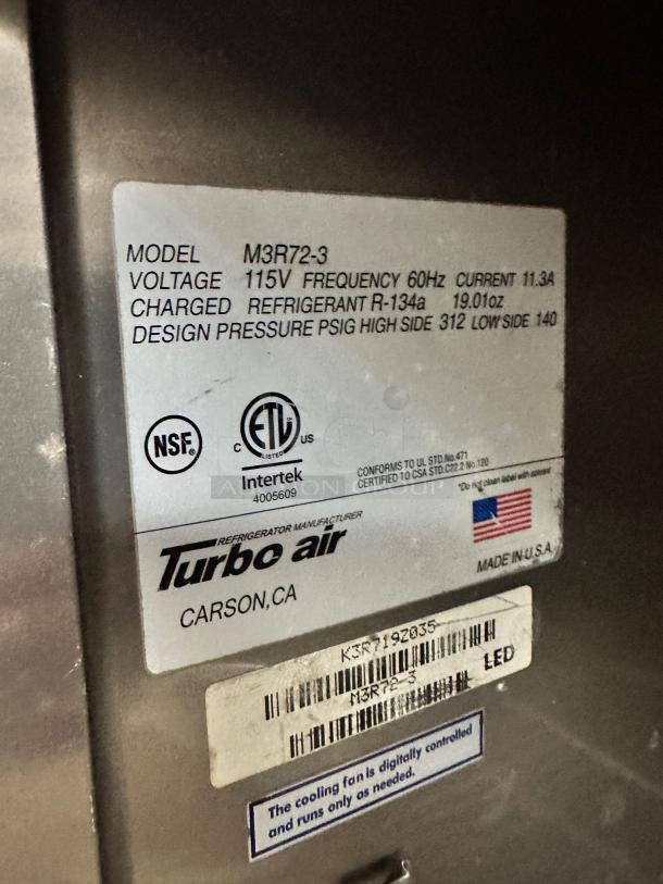REFRIGERATOR – Turbo Air M3R72-3 – Superior Condition – Tested & Working! - Image 5 of 5
