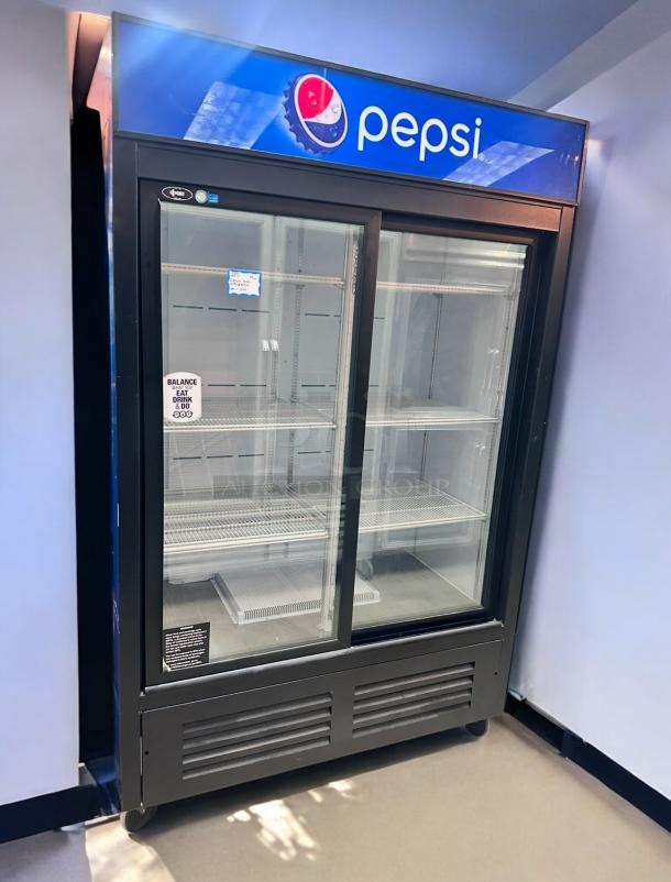 DOUBLE SLIDING GLASS DOOR REFRIGERATOR – QBD CD45-HC – Excellent Condition – Tested & Working! - Image 1 of 7