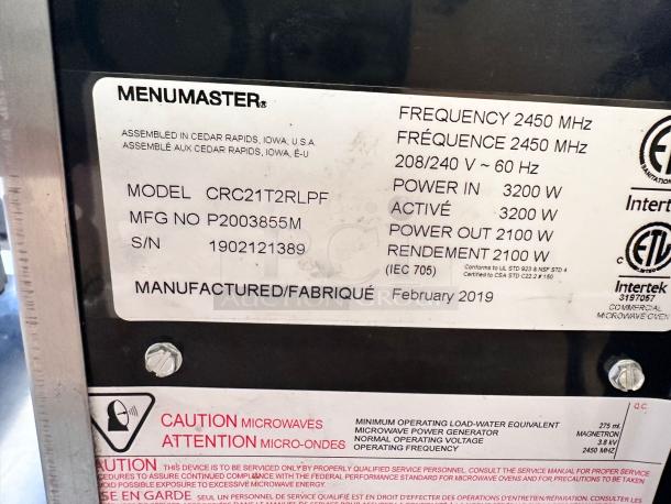 COMMERCIAL MICROWAVE – Menumaster CRC21T2RLPF – Excellent Condition – Tested & Working! - Image 7 of 8