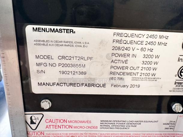 COMMERCIAL MICROWAVE – Menumaster CRC21T2RLPF – Excellent Condition – Tested & Working! - Image 8 of 8