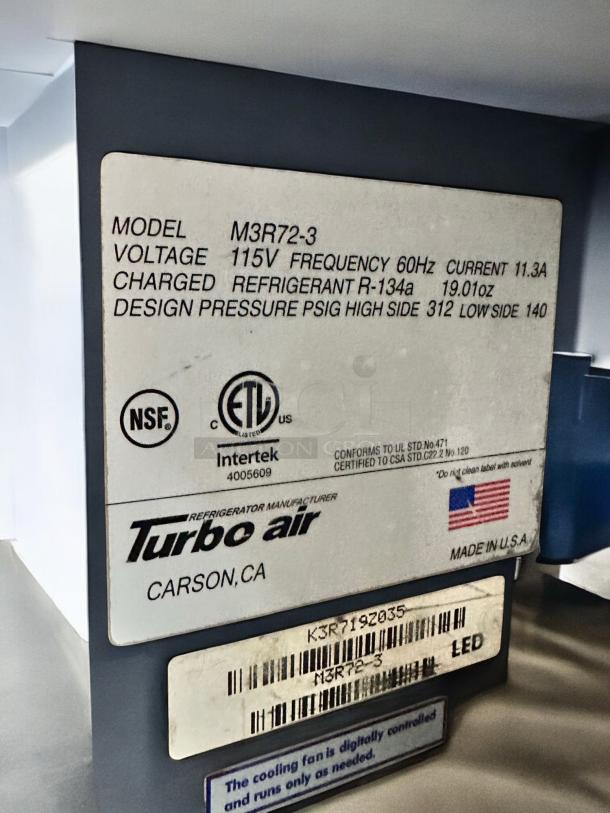 REFRIGERATOR – Turbo Air M3R72-3 – Excellent Condition – Tested & Working! - Image 8 of 8