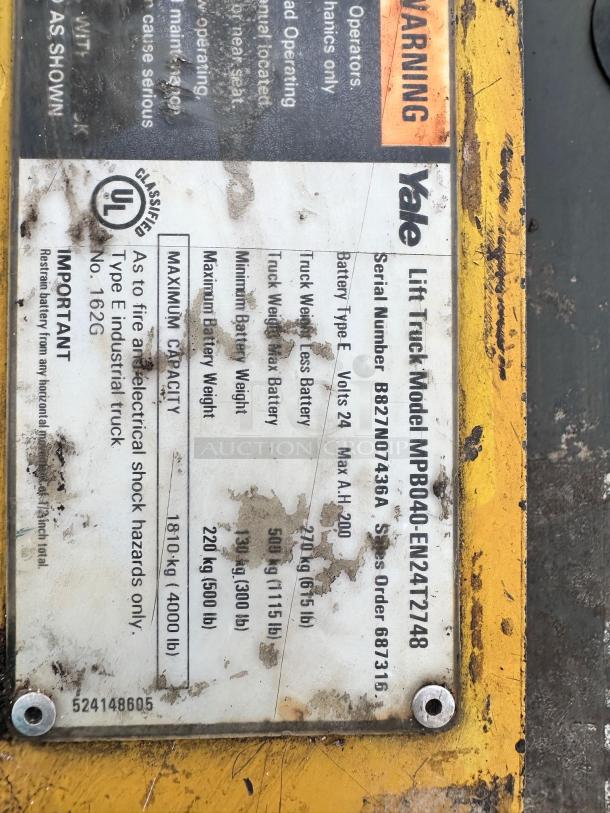 ELECTRIC PALLET JACK – Yale MPB040-EN24T2748 – Tested & Working – Heavy-Duty - Image 7 of 8