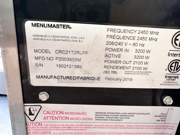 COMMERCIAL MICROWAVE – Menumaster CRC21T2RLPR – Excellent Condition – Tested & Working! - Image 7 of 7