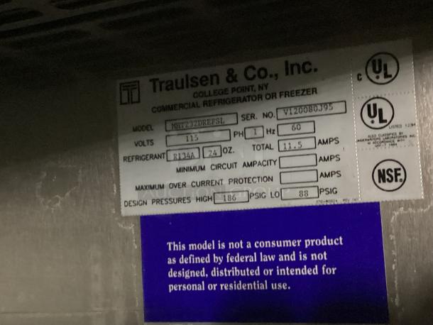 Traulsen Stainless Steel 2-Door Refrigerator or Freezer
Model# MHT23 2DREFSL C20010
134a 
Single Phase 
52 x35 x 77 - Image 5 of 5