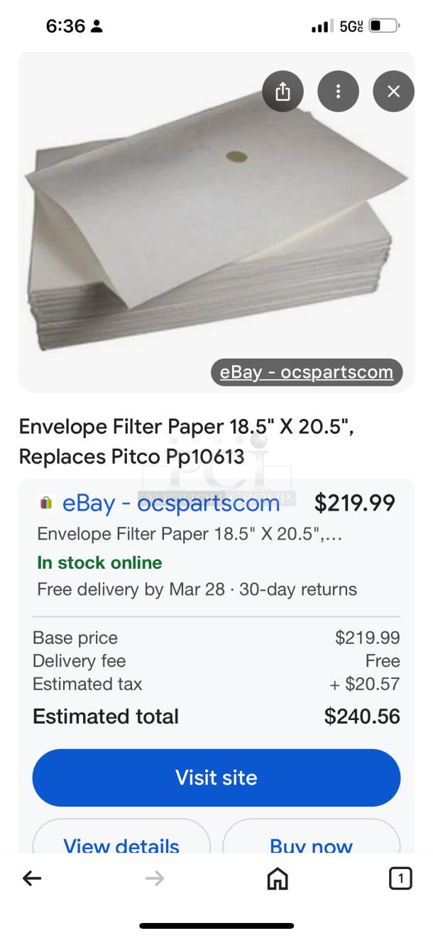 Filter Envelope for Pitco Fryer 
18-1/2 x 20-1/2  
100 Per Box  
Replaxes Pitco Pp10613
Msrp $219.99 - Image 4 of 4