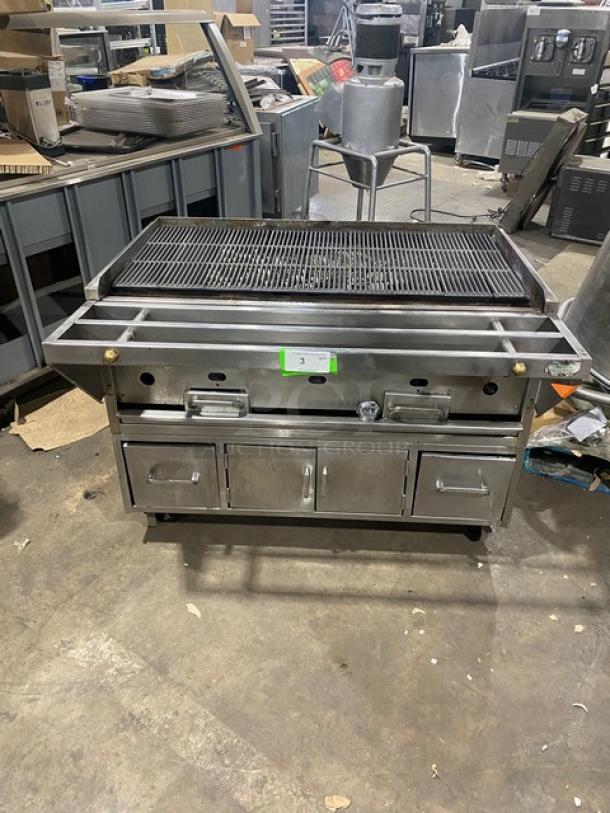 Jade Range Commercial Stainless Steel Natural Gas/Coal Powered Chitwood Smoke/Char Broiler Grill! With Pan Slide & Enclosed Dry Storage Cabinet Style Base! With Aluminum Pans! On Casters! Working When Removed! - Image 1 of 12