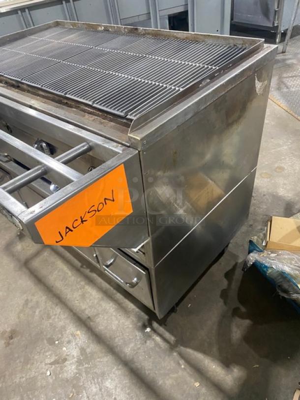 Jade Range Commercial Stainless Steel Natural Gas/Coal Powered Chitwood Smoke/Char Broiler Grill! With Pan Slide & Enclosed Dry Storage Cabinet Style Base! With Aluminum Pans! On Casters! Working When Removed! - Image 3 of 12