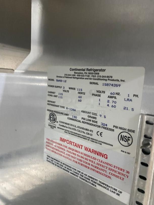 Continental Commercial Stainless Steel 2 Door Refrigerated Bain Marie Style Mega Top Salad/Sandwich Prep Table! With Removable Cutting Board! With Poly Coated Wie Racks! Model: SW48-12 SN: 15874359! 115V 1 Phase! On Casters! Working When Removed! - Image 7 of 9