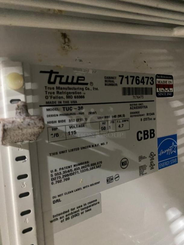 True Commercial Stainless Steel 2 Door Undercounter Worktop Refrigerator! Energy Star Certified! With Poly Coated Wire Rack! Model: TUC-36 SN: 7176473! 115V 1 Phase! On Casters! Working When Removed! - Image 6 of 7