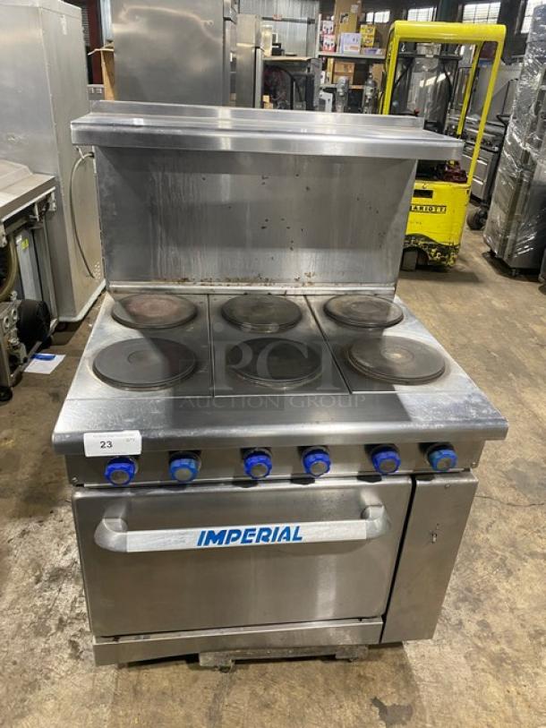 Imperial Commercial Stainless Steel Electric Powered 6 Burner Hot Plate Range/Oven Combo! With Back Splash & Overhead Salamander Shelf! With Wired Oven Rack! - Image 1 of 8