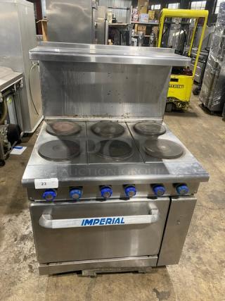 Imperial Commercial Stainless Steel Electric Powered 6 Burner Hot Plate Range/Oven Combo! With Back Splash & Overhead Salamander Shelf! With Wired Oven Rack!