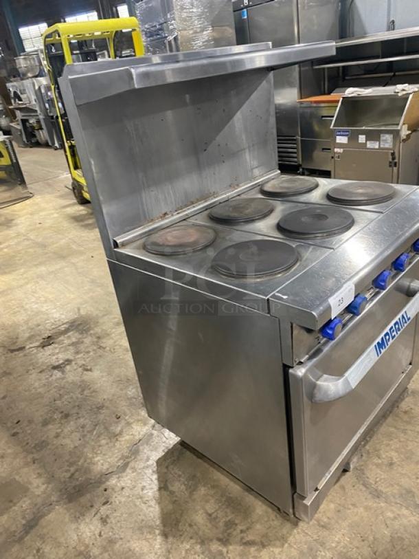 Imperial Commercial Stainless Steel Electric Powered 6 Burner Hot Plate Range/Oven Combo! With Back Splash & Overhead Salamander Shelf! With Wired Oven Rack! - Image 2 of 8