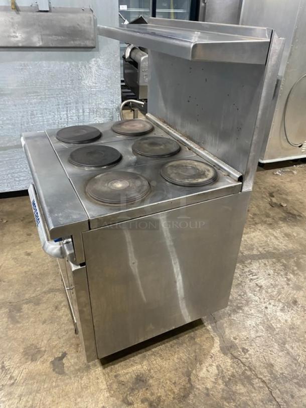Imperial Commercial Stainless Steel Electric Powered 6 Burner Hot Plate Range/Oven Combo! With Back Splash & Overhead Salamander Shelf! With Wired Oven Rack! - Image 3 of 8