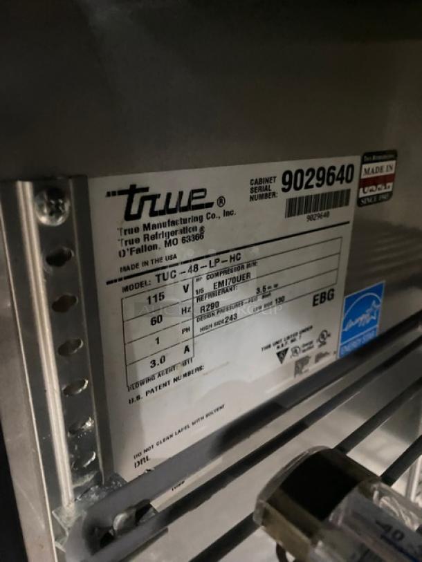 True Commercial Stainless Steel 2 Door Undercounter Worktop Refrigerator! Energy Star Certified! With Poly Coated Wire Racks! Model: TUC-48-LP-HC SN: 9029640! 115V 1 Phase! On Casters! - Image 6 of 7