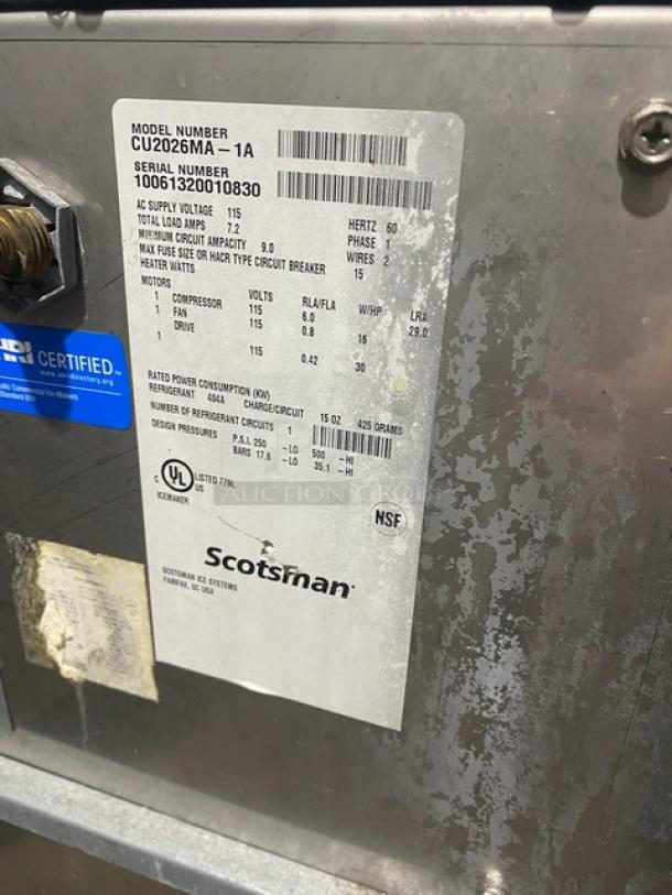 Scotsman Prodigy Series Commercial Stainless Steel Undercounter Air-Cooled Medium Cubed Ice Machine/Bin Combo! Energy Star Certified! With Sliding Top Lid! Model: CU2026MA-1A SN: 10061320010830! 115V 1 Phase! On Legs! - Image 5 of 8
