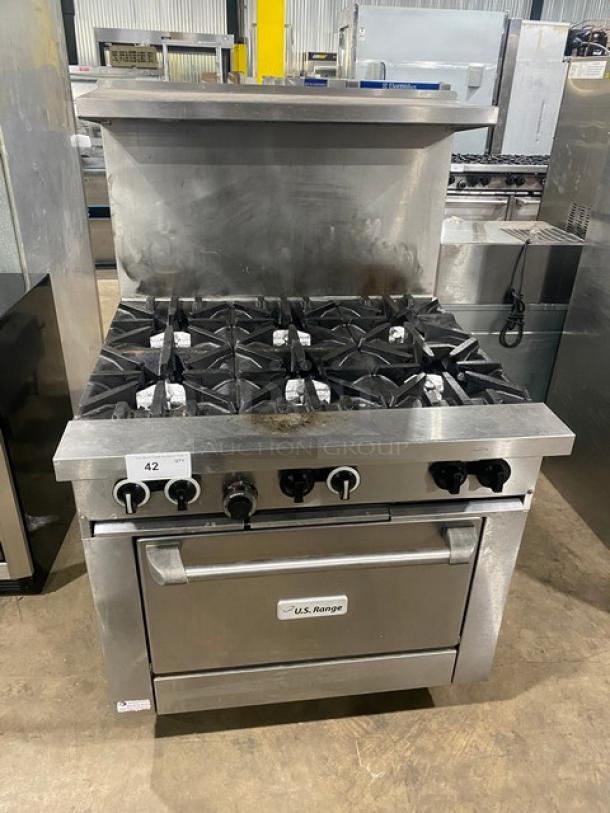 U.S. Range Commercial Stainless Steel Natural Gas Powered 6 Burner Range/Oven Combo! With Back Splash & Overhead Salamander Shelf! With Wire Oven Rack! Model: U36-6R SN: 2006100100185! On Casters! - Image 1 of 11