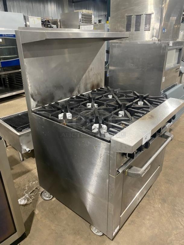 U.S. Range Commercial Stainless Steel Natural Gas Powered 6 Burner Range/Oven Combo! With Back Splash & Overhead Salamander Shelf! With Wire Oven Rack! Model: U36-6R SN: 2006100100185! On Casters! - Image 2 of 11