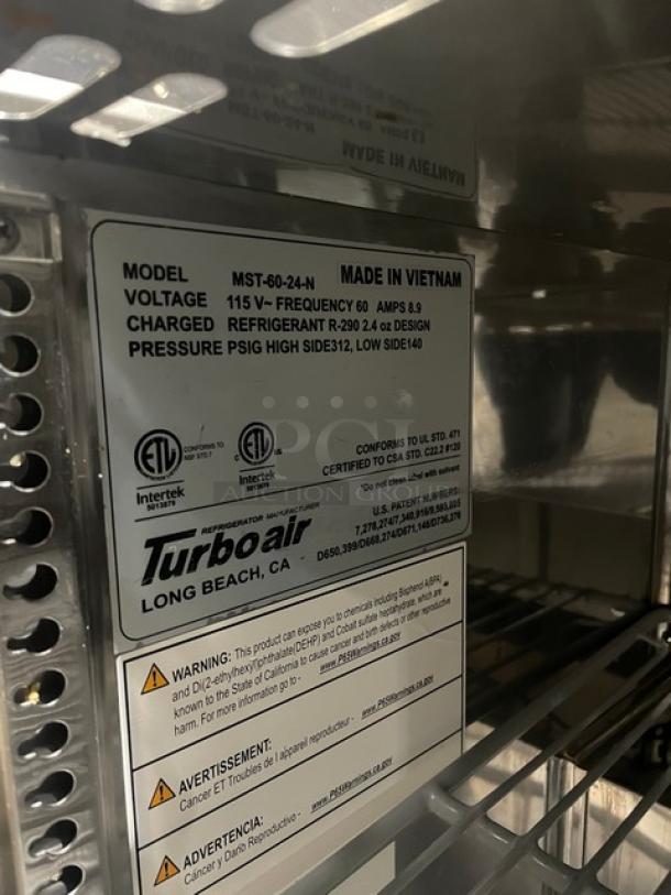 Turbo Air Commercial Stainless Steel 2 Door Refrigerated Bain Marie Style Mega Top Salad/Sandwich Prep Table! With Poly Coated Wire Rack! Model: MST-60-24-N! 115V! On Casters! - Image 7 of 9