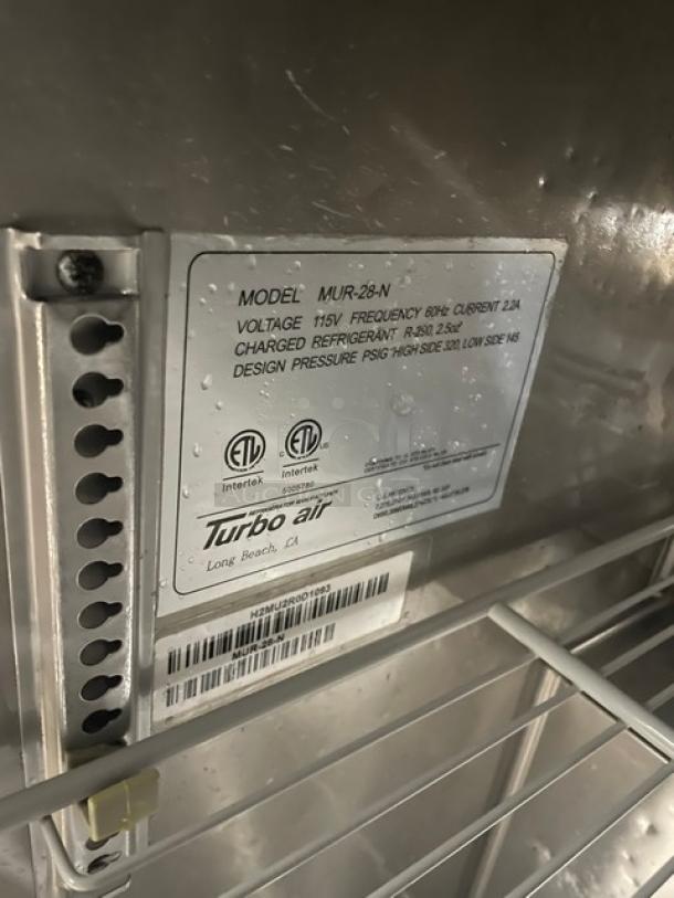 Turbo Air Commercial Stainless Steel Single Door Undercounter Worktop Refrigerator! With Poly Coated Wire Rack! Model: MUR-28-N SN: H2MU2R0D1093! 115V! On Casters! - Image 6 of 7