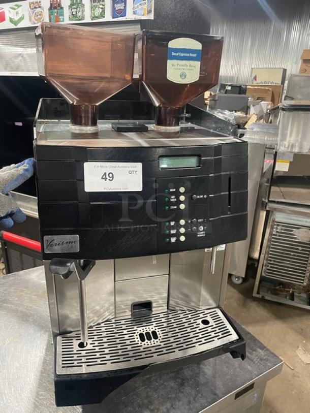 Schaerer Starbucks Style Commercial Stainless Steel Electric Powered Countertop Super Automatic Espresso Machine! With Hot Water Dispenser & Steam Wand! With Hoppers! Model: Verisimo 701 SN: 0441426865! 210V! On Legs! - Image 1 of 9