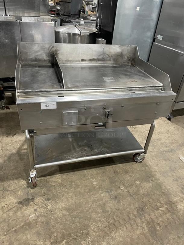 Wood Stone Commercial Stainless Steel Natural Gas Powered Countertop Plancha Griddle! With Back & Side Splash! With Single Undershelf Equipment Cart! On Casters! - Image 1 of 10