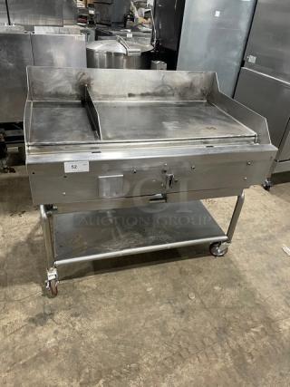 Wood Stone Commercial Stainless Steel Natural Gas Powered Countertop Plancha Griddle! With Back & Side Splash! With Single Undershelf Equipment Cart! On Casters!