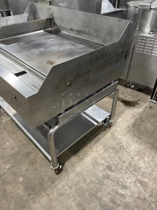 Wood Stone Commercial Stainless Steel Natural Gas Powered Countertop Plancha Griddle! With Back & Side Splash! With Single Undershelf Equipment Cart! On Casters! - Image 3 of 10