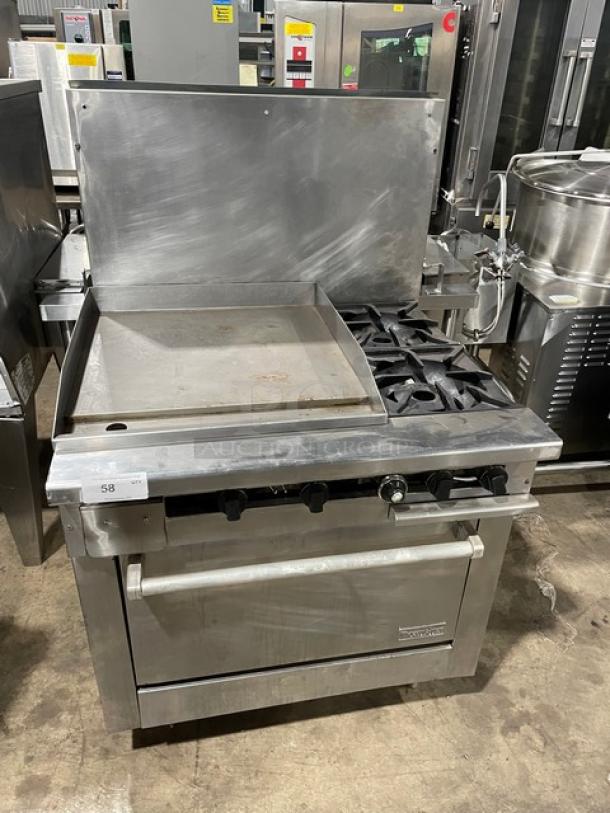 Therma-Tek Commercial Stainless Steel Natural Gas Powered Flat Griddle/2 Burner Split Top Range & Oven Combo! With Back Splash! Model: TMDS36-24G-2-1N SN: 11K02659C! On Legs! - Image 1 of 8