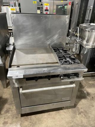 Therma-Tek Commercial Stainless Steel Natural Gas Powered Flat Griddle/2 Burner Split Top Range & Oven Combo! With Back Splash! Model: TMDS36-24G-2-1N SN: 11K02659C! On Legs!