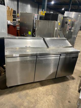 Continental Commercial Stainless Steel 3 Door Refrigerated Bain Marie Style Mega Top Salad/Sandwich Prep Table! With Wired Racks! Model: SW72-18 SN: 1468S748! 115V 1 Phase!