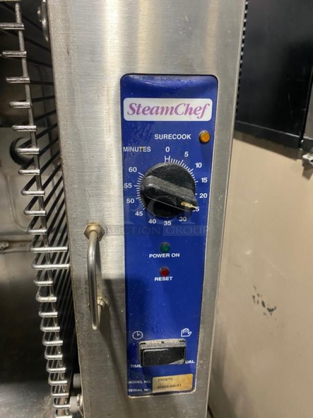 Cleveland Range SteamChef Series Commercial Stainless Steel Electric Powered Countertop 6-Pan Broilerless Convection Steamer! With Built In Pan Holding Rack! With Double Undershelf Equipment Stand! Model: 22CET6 SN: 87623-04I-01! 208V 3 Phase! On Legs! - Image 6 of 10