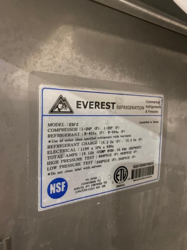 Everest Commercial Stainless Steel Solid 2 Door Reach In Freezer! With Wire Racks! Model: ESF2 SN: BSF204070032! 115V 1 Phase! On Casters! - Image 7 of 9