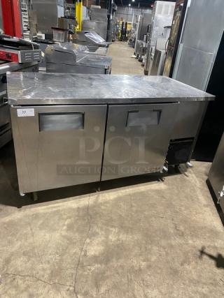 True Commercial Stainless Steel 2 Door Undercounter Worktop Refrigerator! With Poly Coated Wire Rack! Model: TUC-67 SN: 1-2241757! 115V 1 Phase! On Casters!