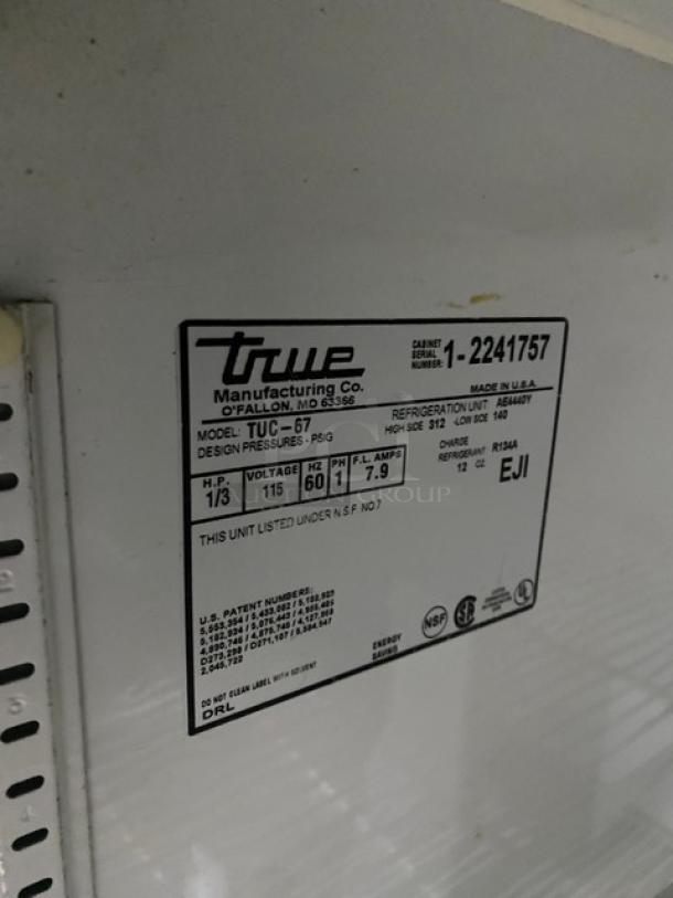 True Commercial Stainless Steel 2 Door Undercounter Worktop Refrigerator! With Poly Coated Wire Rack! Model: TUC-67 SN: 1-2241757! 115V 1 Phase! On Casters! - Image 6 of 7