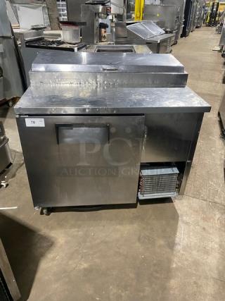 True Commercial Stainless Steel Single Door Refrigerated Bain Marie Style Mega Top Pizza Prep Table! With Poly Coated Wire Racks! Model: TPP-44 SN: 1-2245941! 115V 1 Phase! On Casters!