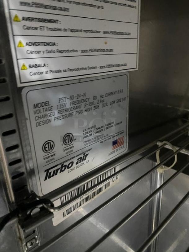 Turbo Air Commercial Stainless Steel 2 Door Refrigerated Mega Top Salad/Sandwich Prep Table! With Wire Racks! Model: PST-60-24-N! 115V! On Casters! - Image 7 of 8