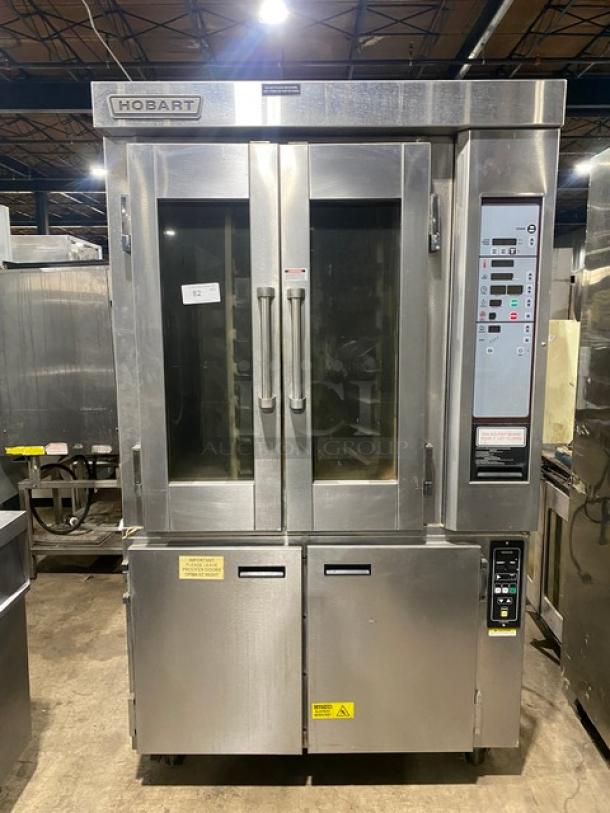 Hobart Commercial Stainless Steel Natural Gas Powered Mini Rotating Rack Oven/Hobart Electric Powered 2 Door Proofer Cabinet Combo! With Digital Controls! Built In Pan Holding Racks! Model: HO300G/HPC800 SN: 24-1049044! 120V 1 Phase! On Legs! ALL ONE MONEY! - Image 1 of 10
