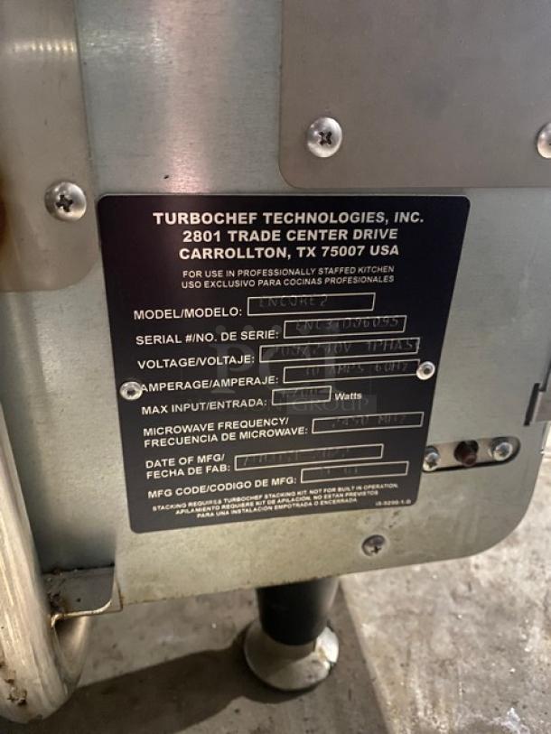 TurboChef! 2022 Late Model! Bullet Series Commercial Stainless Steel Electric Powered Countertop Ventless High-Speed Rapid Cook Oven! With One-Touch Controls! Model: Encore2 SN: ENC3TD36095! 208/240V 1 Phase! On Legs! - Image 5 of 8