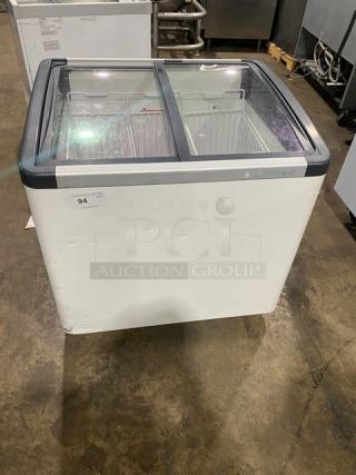 Liebherr Commercial White Curved Top Ice Cream/Frozen Yogurt Display Chest Freezer! With Double Top Sliding Glass Doors! With Poly Coated Wire Baskets! Model: EFI2053 SN: 0910782-10! 115V! On Casters!