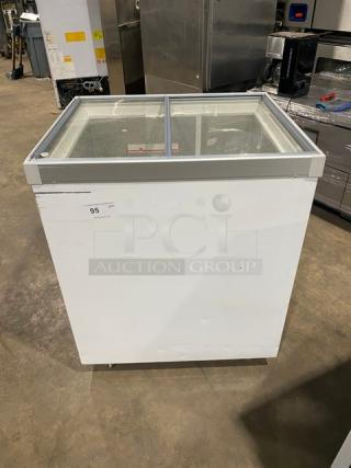 VestFrost Commercial White Flat-Top Ice Cream/Frozen Yogurt Display Chest Freezer! With Double Top Sliding Glass Doors! Model: SCF630 SN: 20133270436! 115V! On Casters!