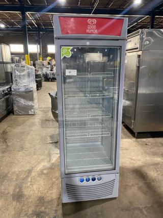 Iarp Good Humor Style Commercial Single Glass Swing Door Reach In Ice Cream/Frozen Merchandiser Display Freezer! With Poly Coated Wire Racks! Model: EIS55.3ESHGD SN: 15FE93319! 110-120V!