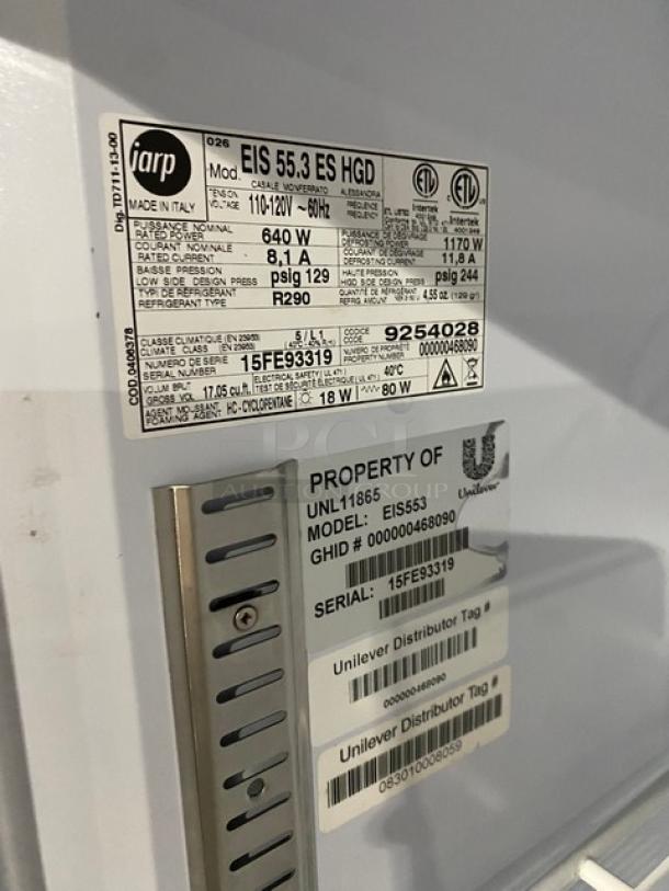 Iarp Good Humor Style Commercial Single Glass Swing Door Reach In Ice Cream/Frozen Merchandiser Display Freezer! With Poly Coated Wire Racks! Model: EIS55.3ESHGD SN: 15FE93319! 110-120V! - Image 7 of 9