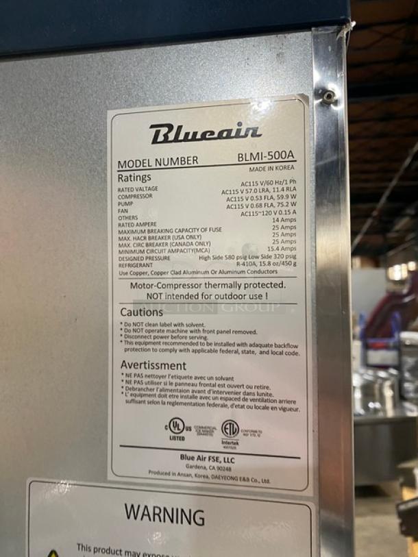 Blue-Air Commercial Stainless Steel Electric Powered Air-Cooled Cresent Cube Ice Making Machine Head/Storage Bin Combo! With Top Hinged Heavy-Duty Lid! Model: BLMI-500A/BLIB-300S_BA126 SN: BIB3A94NB00015! 115V 1 Phase! On Legs! - Image 5 of 9
