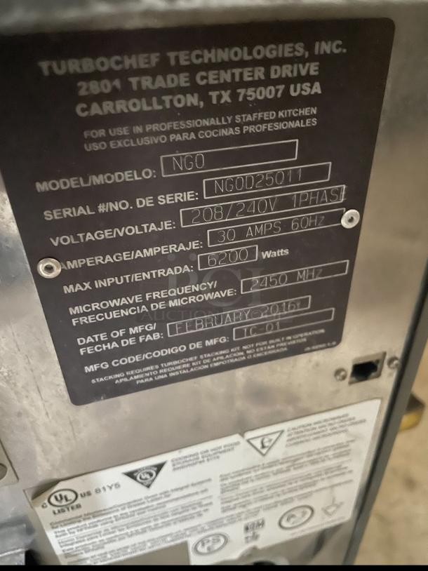 TURBOCHEF CONVECTION OVEN 220 VOLTS - Image 7 of 9