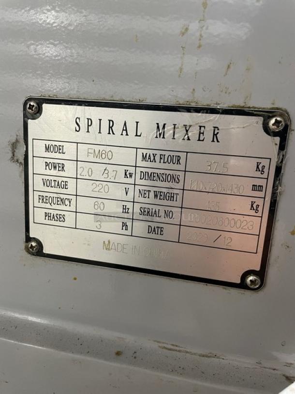 WOW! Omcan! 2020 Late Model! Commercial Heavy Duty Electric Powered Spiral Dough Mixer! With Stainless Steel Bowl Guard & Mixing Bowl! With Spiral Dough Hook Attachment! Model: FM60 SN: 20020600023! 220V 3 Phase! WORKING WHEN REMOVED! - Image 8 of 11